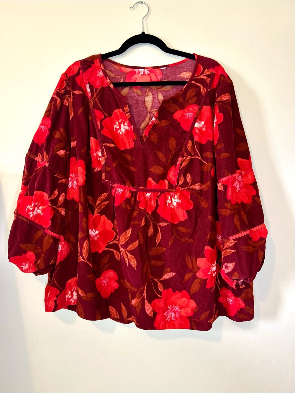 Sonoma Floral Corduroy Peasant Tunic Top Boho Plus Size 2X Red Burgundy